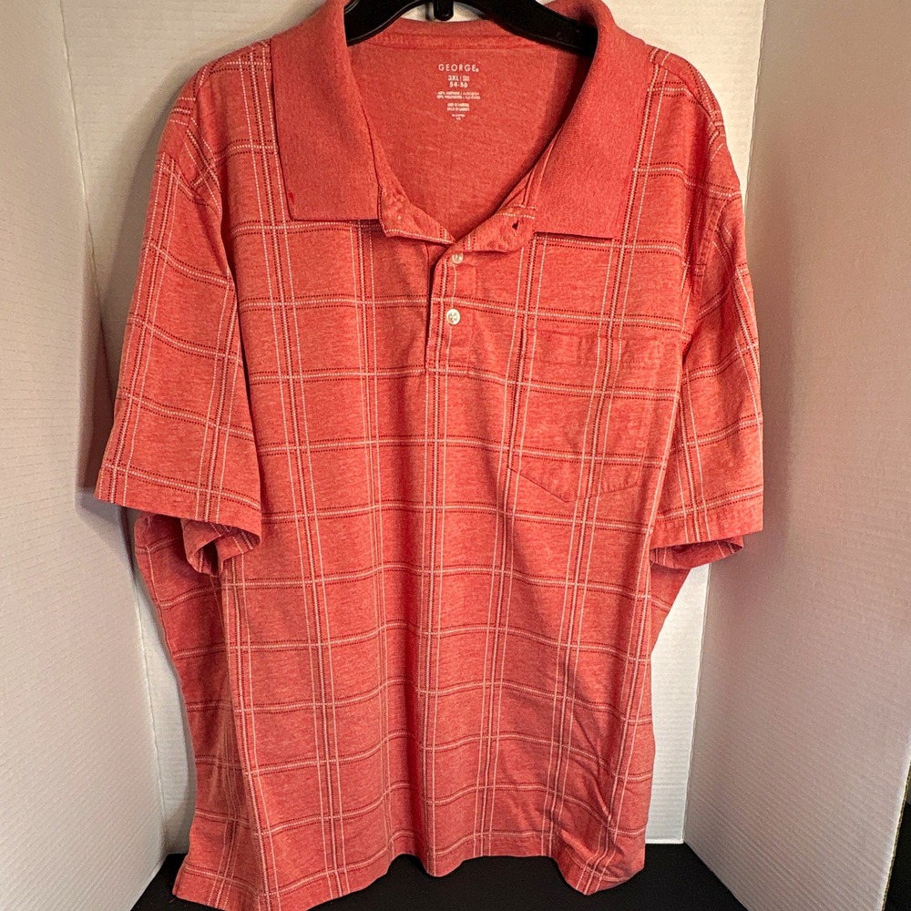 George Men's Pink Check 3XL Big & Tall Short Sleeve Collared Polo Shirt